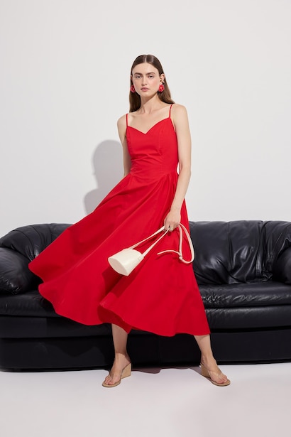 V-Neck Poplin Strappy Midi Dress