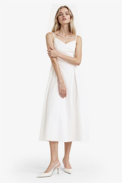 فستان ميدي بوبلين بياخة V بحمالات