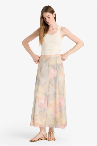 A-Line Floral Regular Waist Tulle Maxi Skirt
