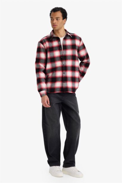 Regular Fit Polo Neck Flannel Plaid Long Sleeve Shirt