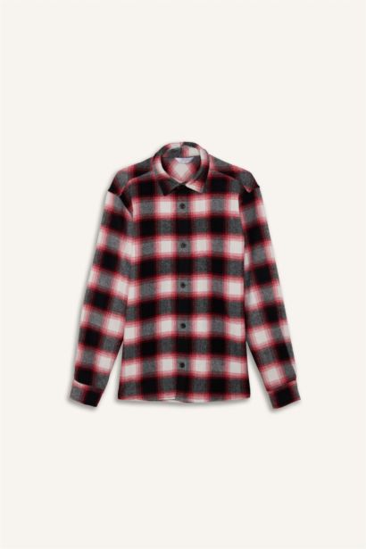 Regular Fit Polo Neck Flannel Plaid Long Sleeve Shirt