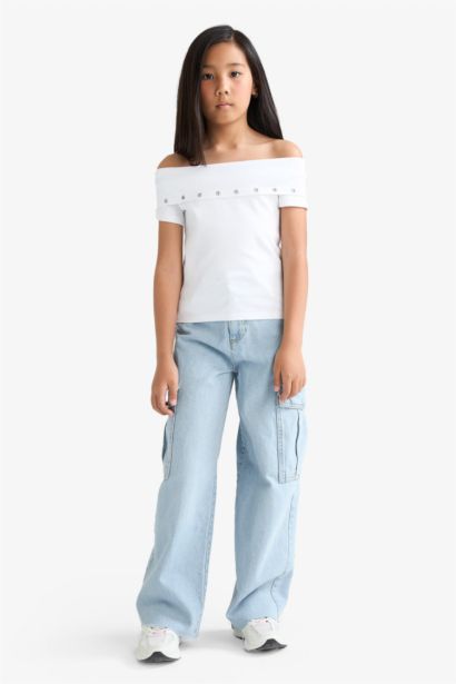 تيشيرت بناتي نص ردن مضلع سليم فيت بكتف مكشوف