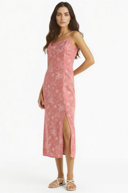 Square Collar Patterned Linen Blend Strappy Midi Dress