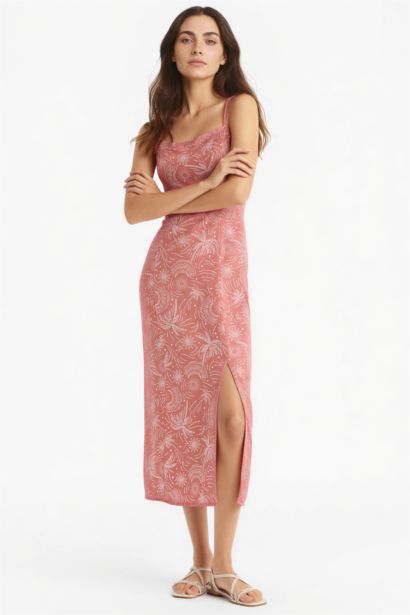 Square Collar Patterned Linen Blend Strappy Midi Dress