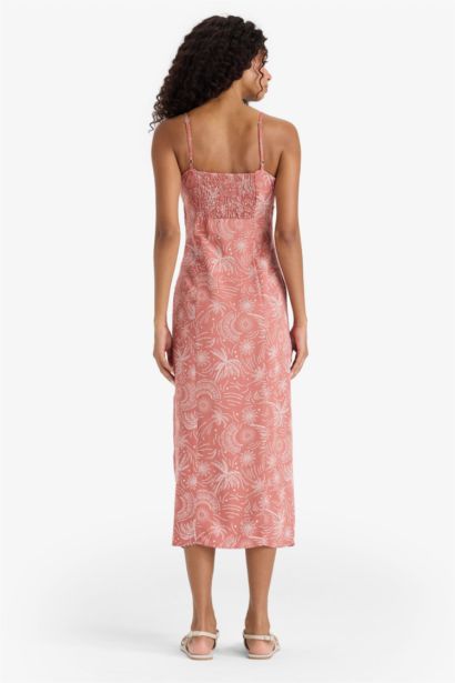 Square Collar Patterned Linen Blend Strappy Midi Dress