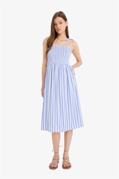 Çizgili Bürümcük Askılı Midi Elbise