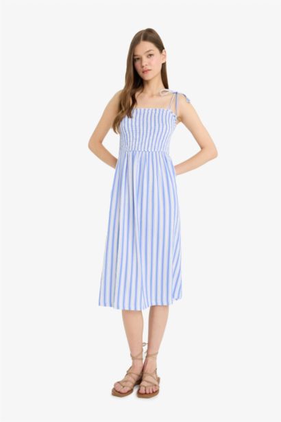 Çizgili Bürümcük Askılı Midi Elbise