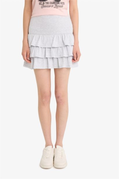 Normal Waist Flounced Cotton Mini Skirt