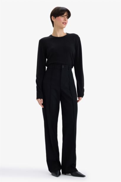 Straıght Fıt Yüksek Bel Düz Paça Çapraz Dokuma Pantolon