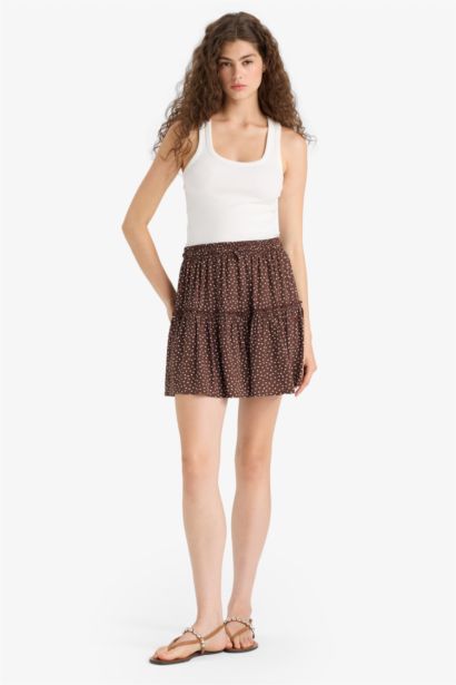 Patterned High Waist Cotton Lining Crinkle Viscose Mini Skirt