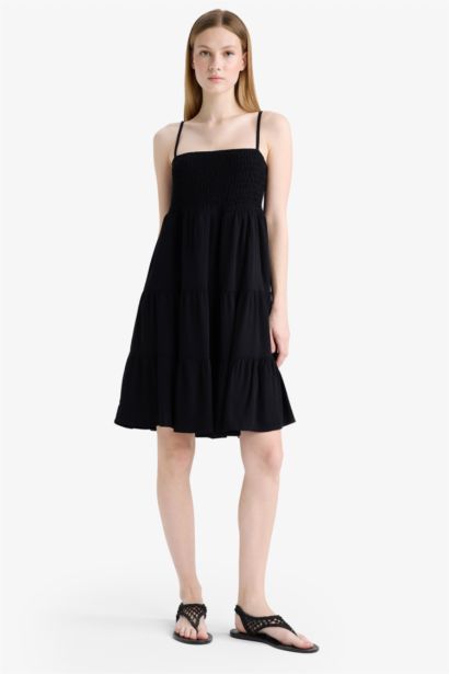 Strappy Crinkle Fabric Black Mini Dress