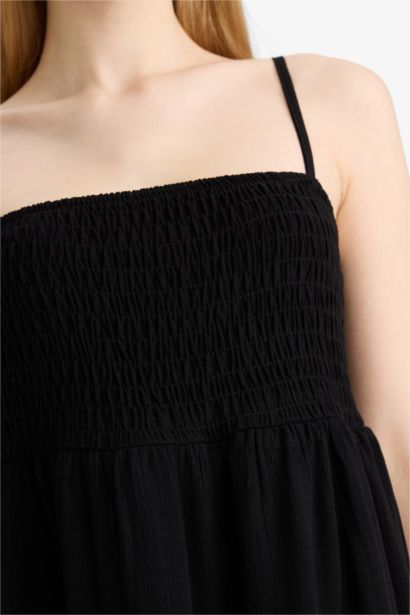 Strappy Crinkle Fabric Black Mini Dress