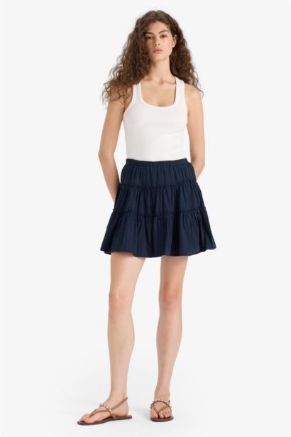 Yüksek Bel Penye Astar Keten Görünümlü Mini Etek