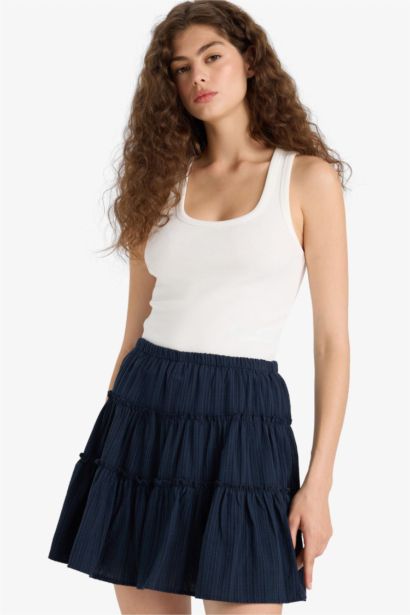 Yüksek Bel Penye Astar Keten Görünümlü Mini Etek