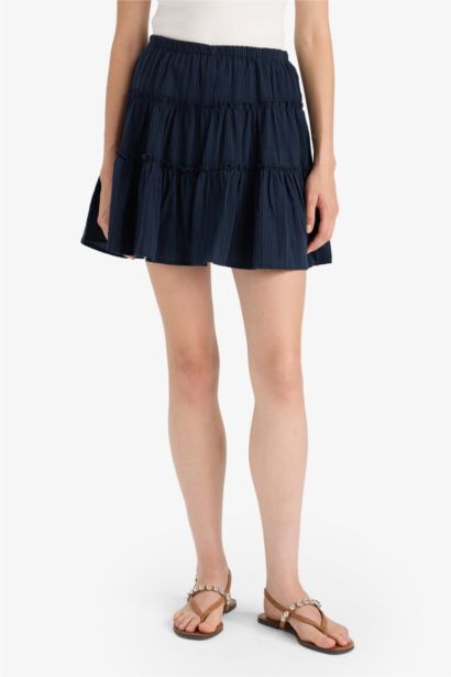 Yüksek Bel Penye Astar Keten Görünümlü Mini Etek