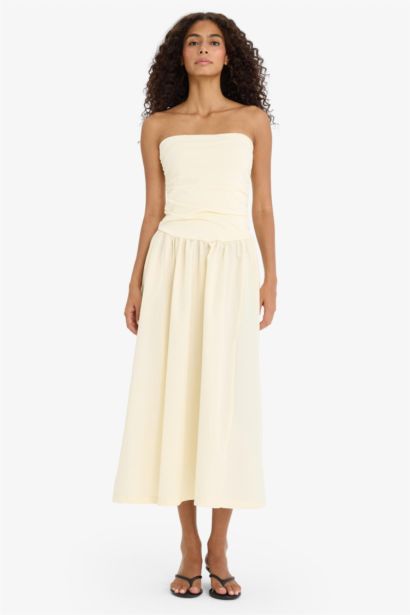 Straplez Poplin Midi Elbise