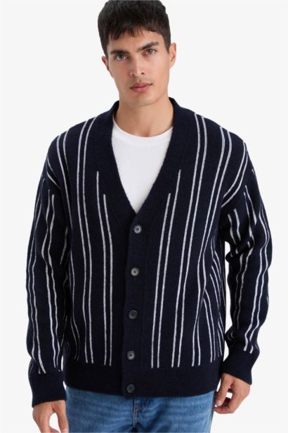 Relax Fit V-Neck Buttoned Stripped Knit Cardigan