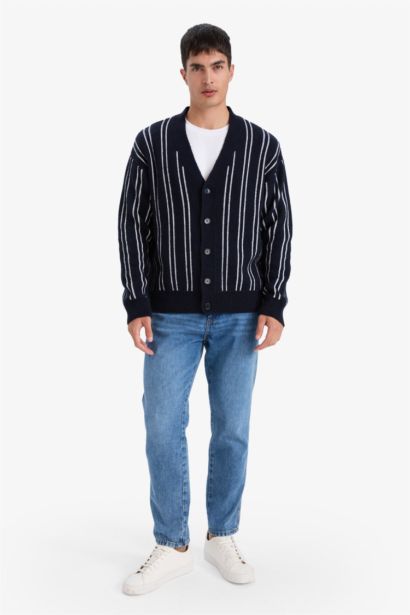 Relax Fit V-Neck Buttoned Stripped Knit Cardigan