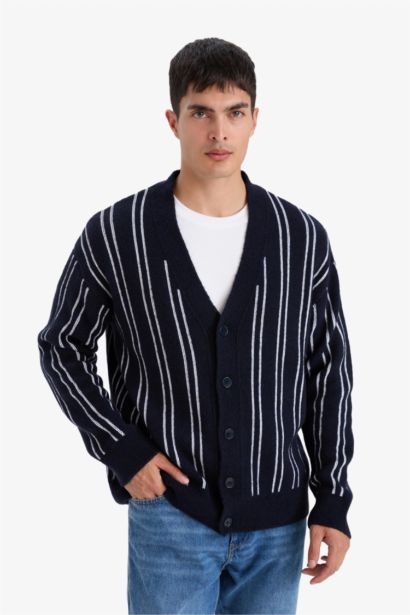 Relax Fit V-Neck Buttoned Stripped Knit Cardigan