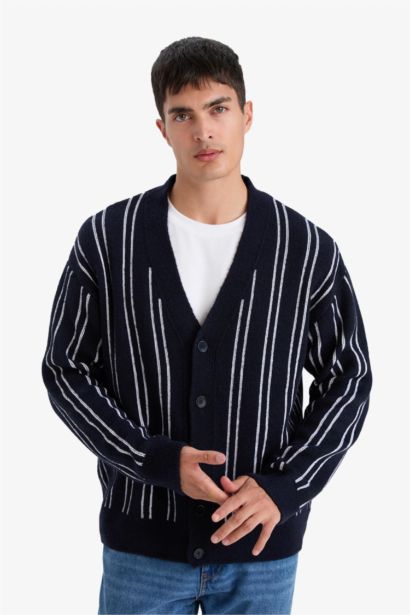 Relax Fit V-Neck Buttoned Stripped Knit Cardigan