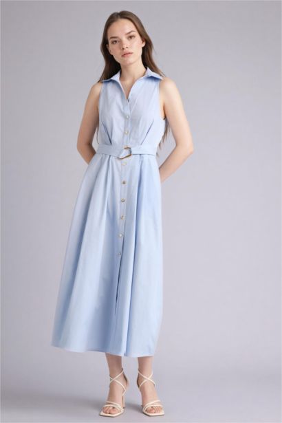 Regular Fit Mandarin Collar Cotton Long Dress