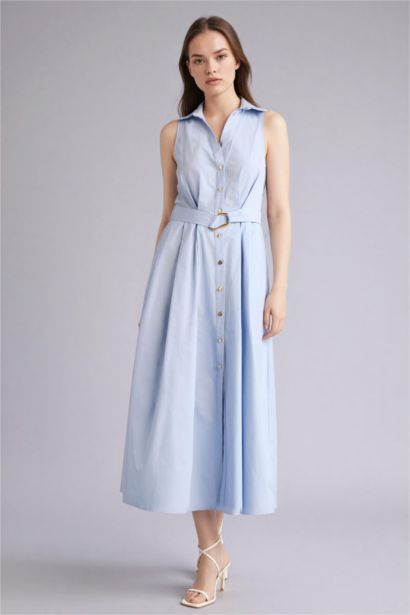 Regular Fit Mandarin Collar Cotton Long Dress
