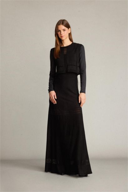 2'li Kroşe Triko Takım Bisiklet Yaka Kolsuz Bluz Beli Lastikli Maxi Etek