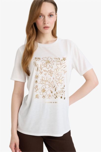 Футболка Regular Fit с цветочным узором круглым вырезом и коротким рукавом