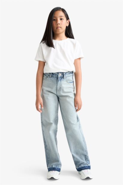 %100 Pamuk 90's Wide Leg Geniş Paça Okul Jean Pantolon Kız Çocuk