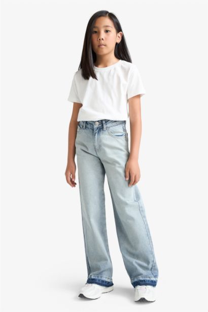 %100 Pamuk 90's Wide Leg Geniş Paça Okul Jean Pantolon Kız Çocuk
