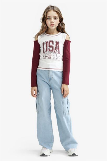 T-shirt slim imprimé à manches longues en ribana pour fille