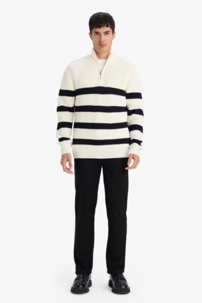 Standard Fit Half Zippered Striped Knit Pullover