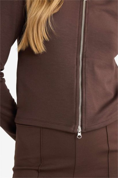 Slim Fit Dar Kesim Kapüşonlu Modal Fermuarlı Sweatshirt