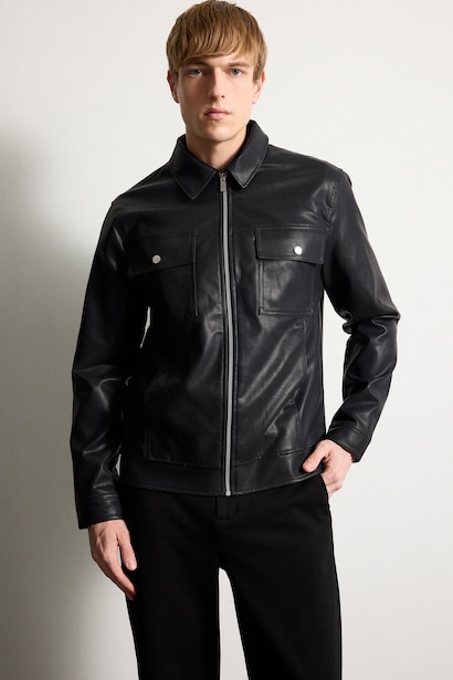 Slim Fit денеге қонымды поло жағалы астары бар найзағайлы жасанды тері куртка