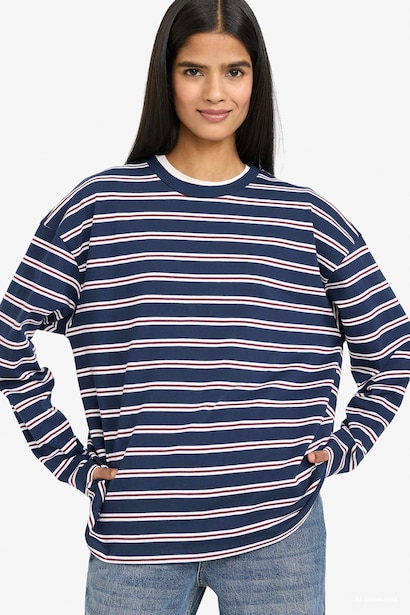 %100 Pamuk Loose Fıt Çizgili Sweatshirt