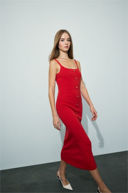 A Kesim Triko Askılı Midi Elbise