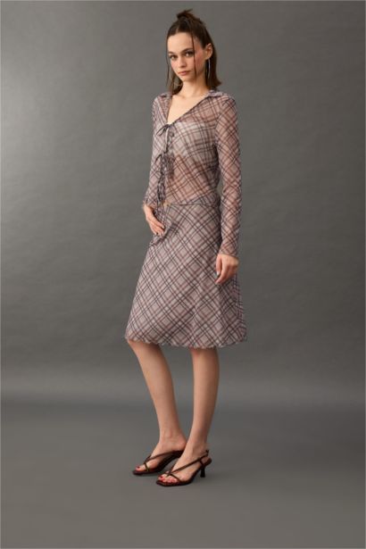 جيبة ميدي تول بخصر عادي كاروهات بقصة A