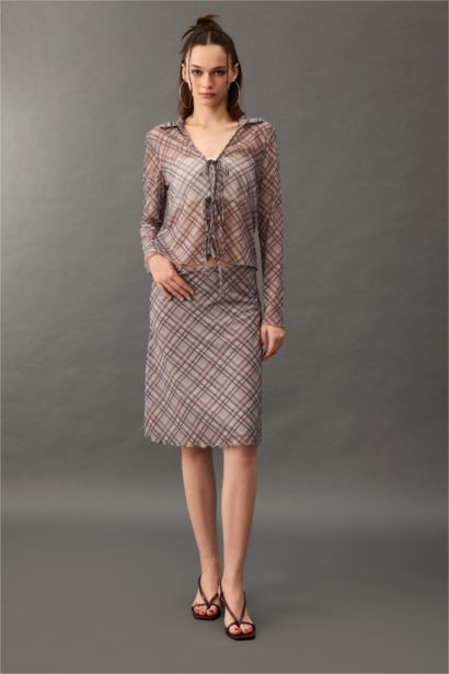 جيبة ميدي تول بخصر عادي كاروهات بقصة A