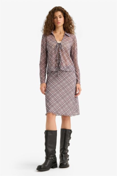 جيبة ميدي تول بخصر عادي كاروهات بقصة A