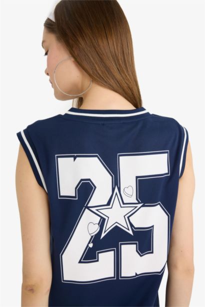 Oversize Fit Back Printed V Neck Jersey Tank Top