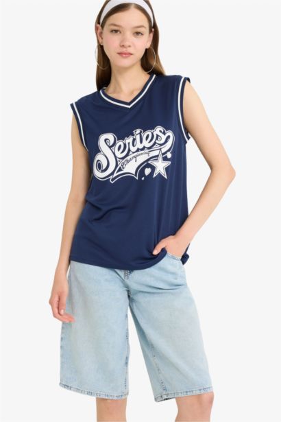 Oversize Fit Back Printed V Neck Jersey Tank Top