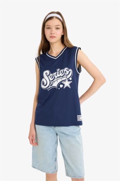 Oversize Fit Back Printed V Neck Jersey Tank Top