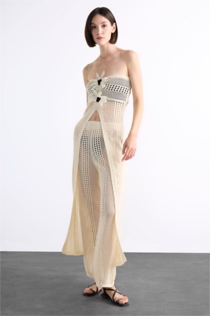 Strapless Floral Detailed Crochet Long Beach Top