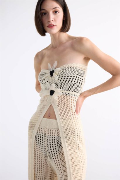 Strapless Floral Detailed Crochet Long Beach Top