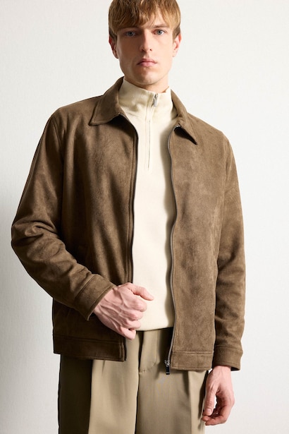 Regular Fit Polo Collar Lined Zip-Up Suede Jacket