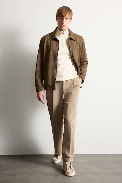 Regular Fit Polo Collar Lined Zip-Up Suede Jacket