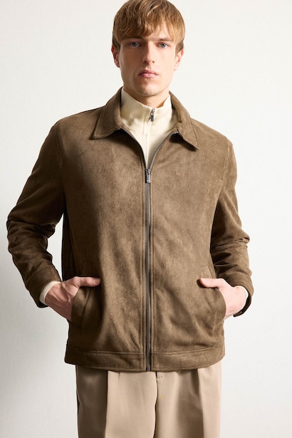Regular Fit Polo Collar Lined Zip-Up Suede Jacket