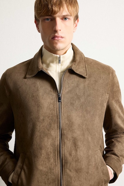 Regular Fit Polo Collar Lined Zip-Up Suede Jacket