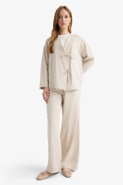 بنطرون برجل واسع وايد ليج من مزيج الكتان