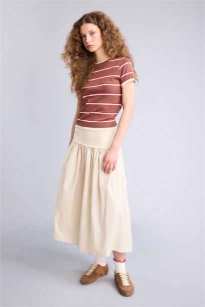 A-Line High Waist Poplin Midi Skirt